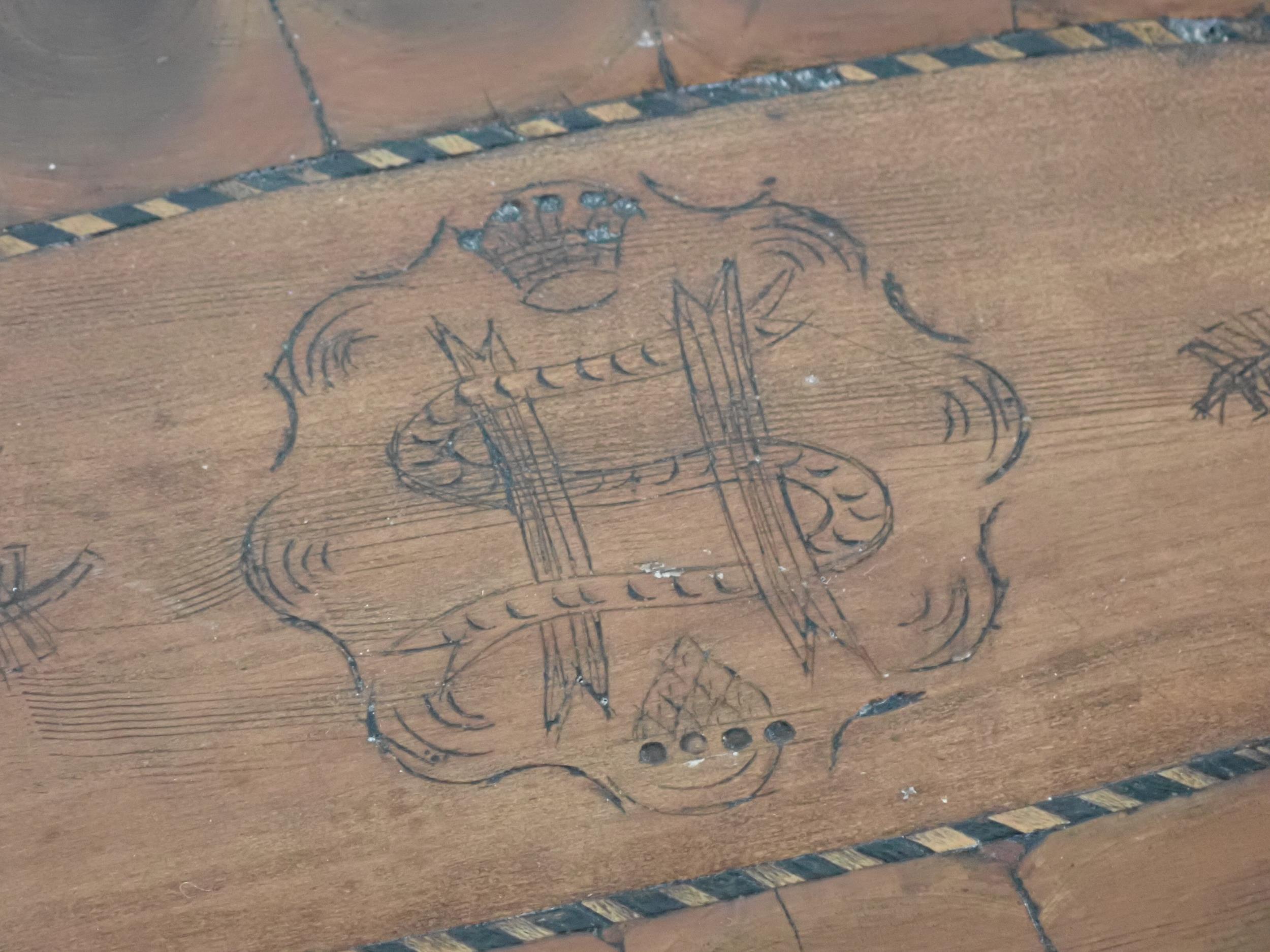 A 19th Century parquetry oval Tray with penwork feather and armorial crest design 15in W, an antique - Image 3 of 5