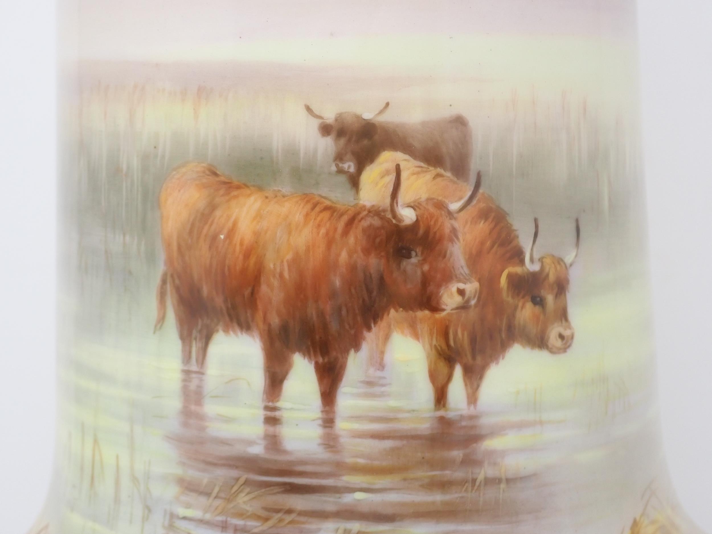 A Royal Worcester Vase, signed H. Davis (Harry Davis), painted highland cattle stood in a stream, - Image 5 of 7