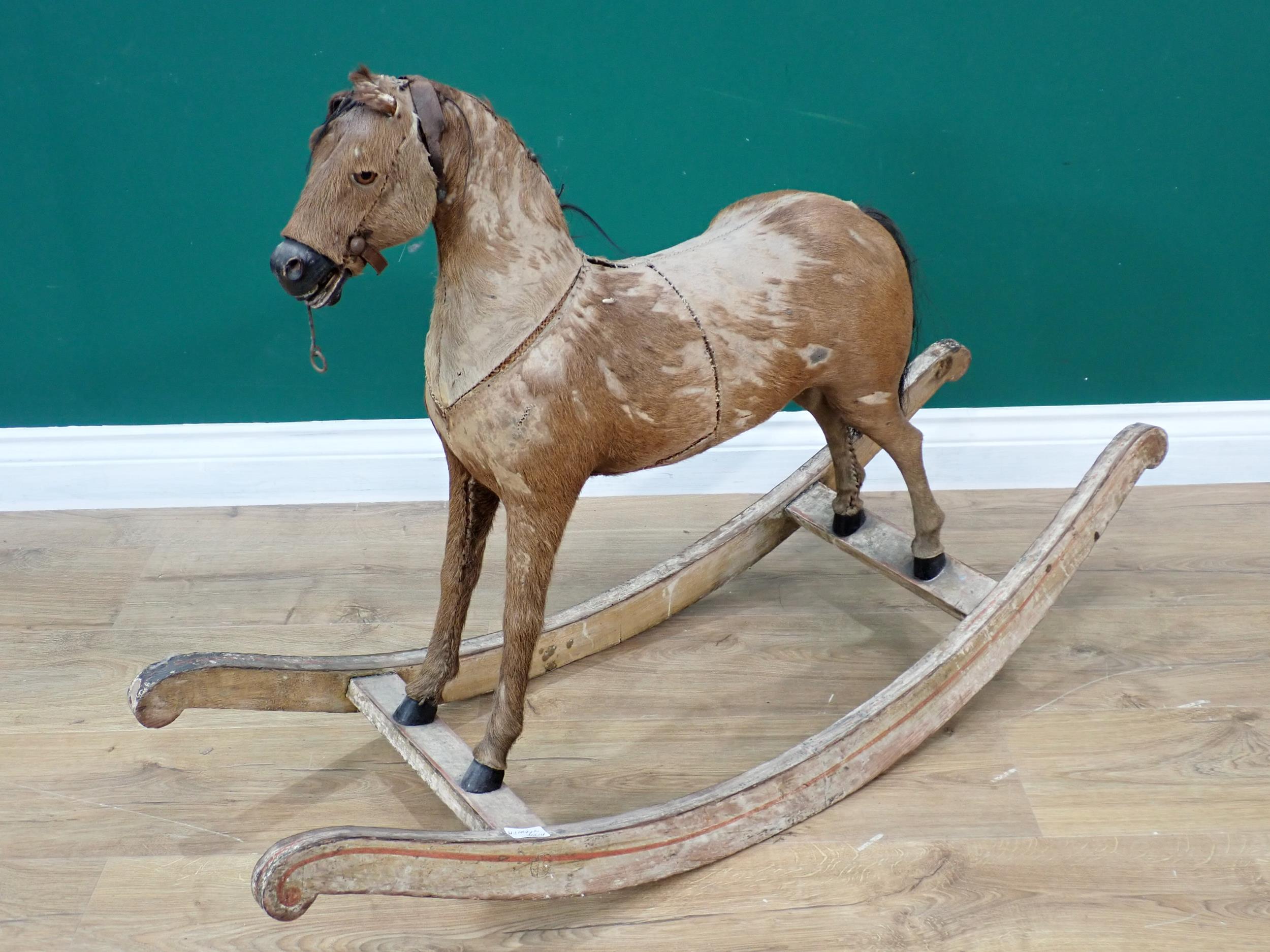 An antique fur covered Rocking Horse on white painted rockers 3ft 2in L x 2ft 2in H - Image 3 of 6