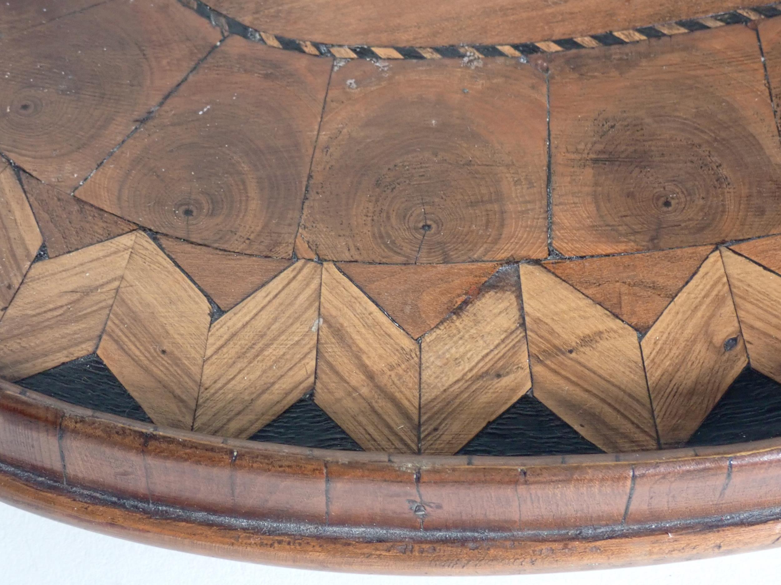 A 19th Century parquetry oval Tray with penwork feather and armorial crest design 15in W, an antique - Image 4 of 5