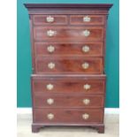 A George III mahogany and satinwood crossbanded Chest on Chest with canted corners and Greek Key