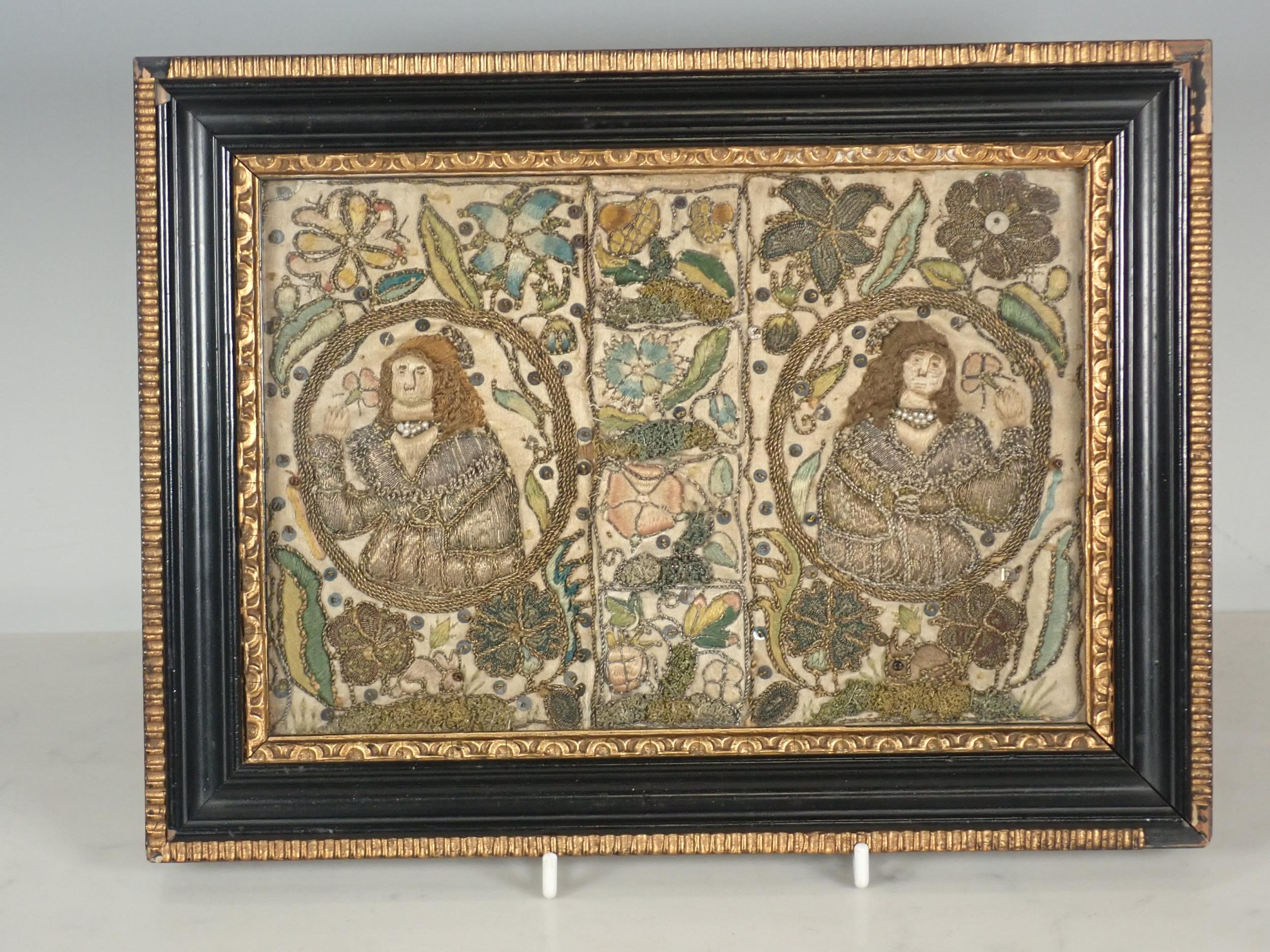 A 17th Century Stumpwork Panel depicting two portraits of figures with floral motifs in gold and