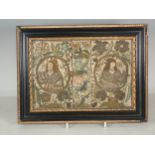A 17th Century Stumpwork Panel depicting two portraits of figures with floral motifs in gold and