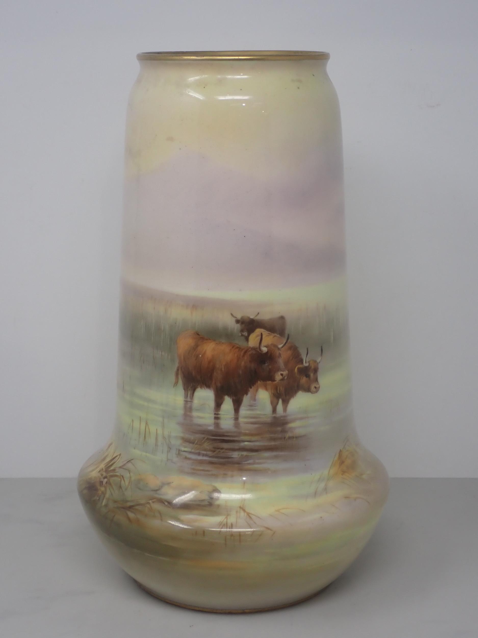 A Royal Worcester Vase, signed H. Davis (Harry Davis), painted highland cattle stood in a stream, - Image 2 of 7