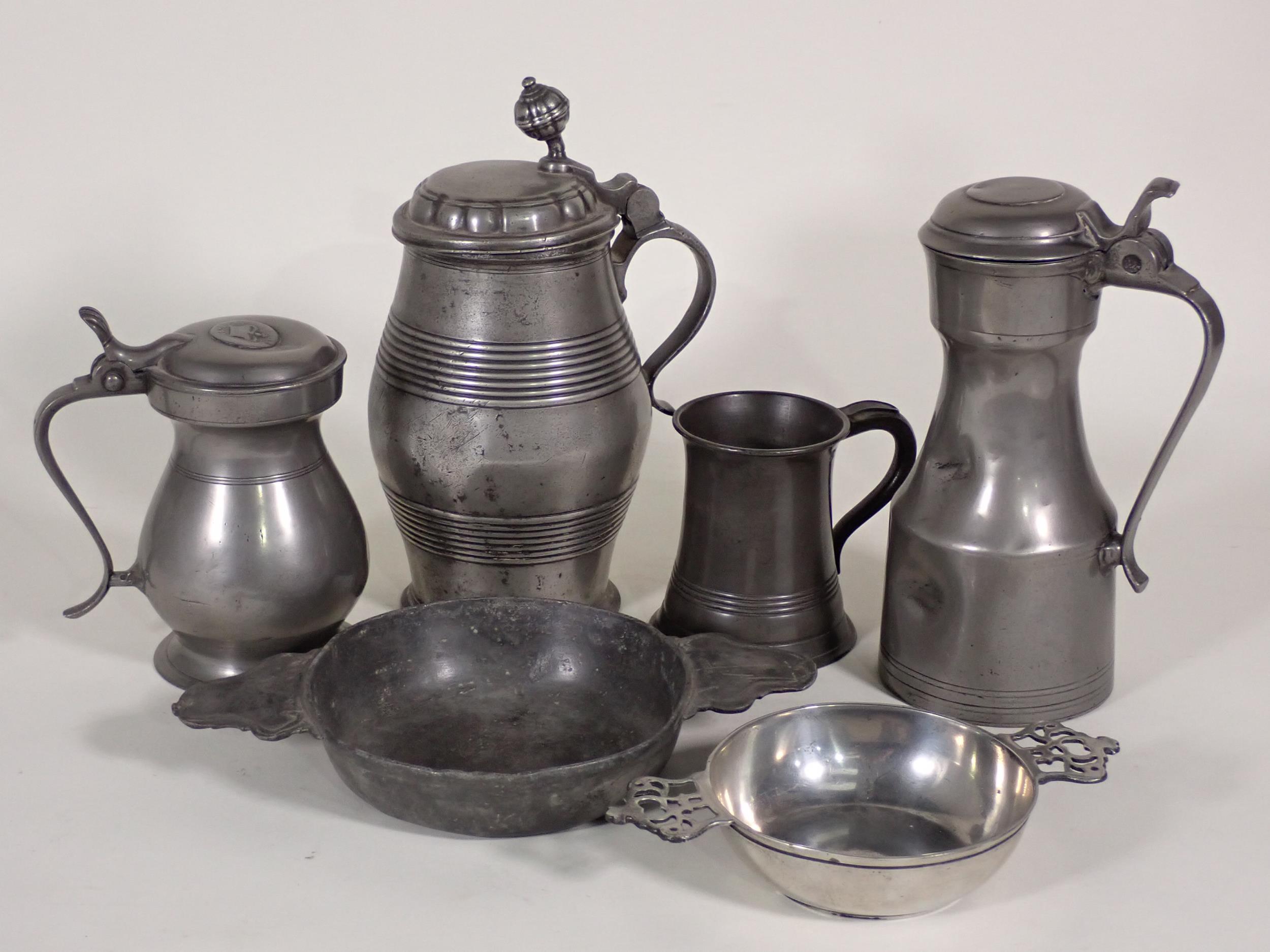 An antique Continental pewter lidded Tankard 9in H, another pewter lidded Tankard with knopped - Image 2 of 6