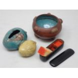 A group of 19th Century Chinese Calligraphy items including a ceramic Water Dropper in the form of