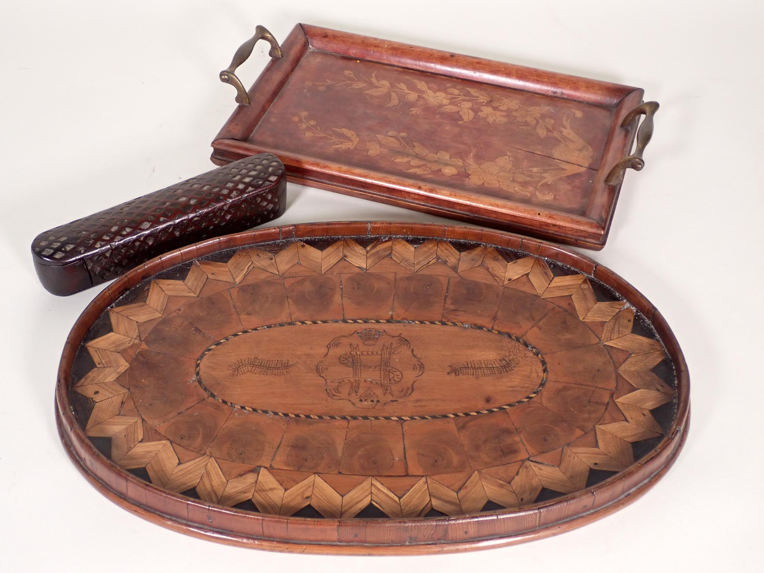 A 19th Century parquetry oval Tray with penwork feather and armorial crest design 15in W, an antique - Image 2 of 5