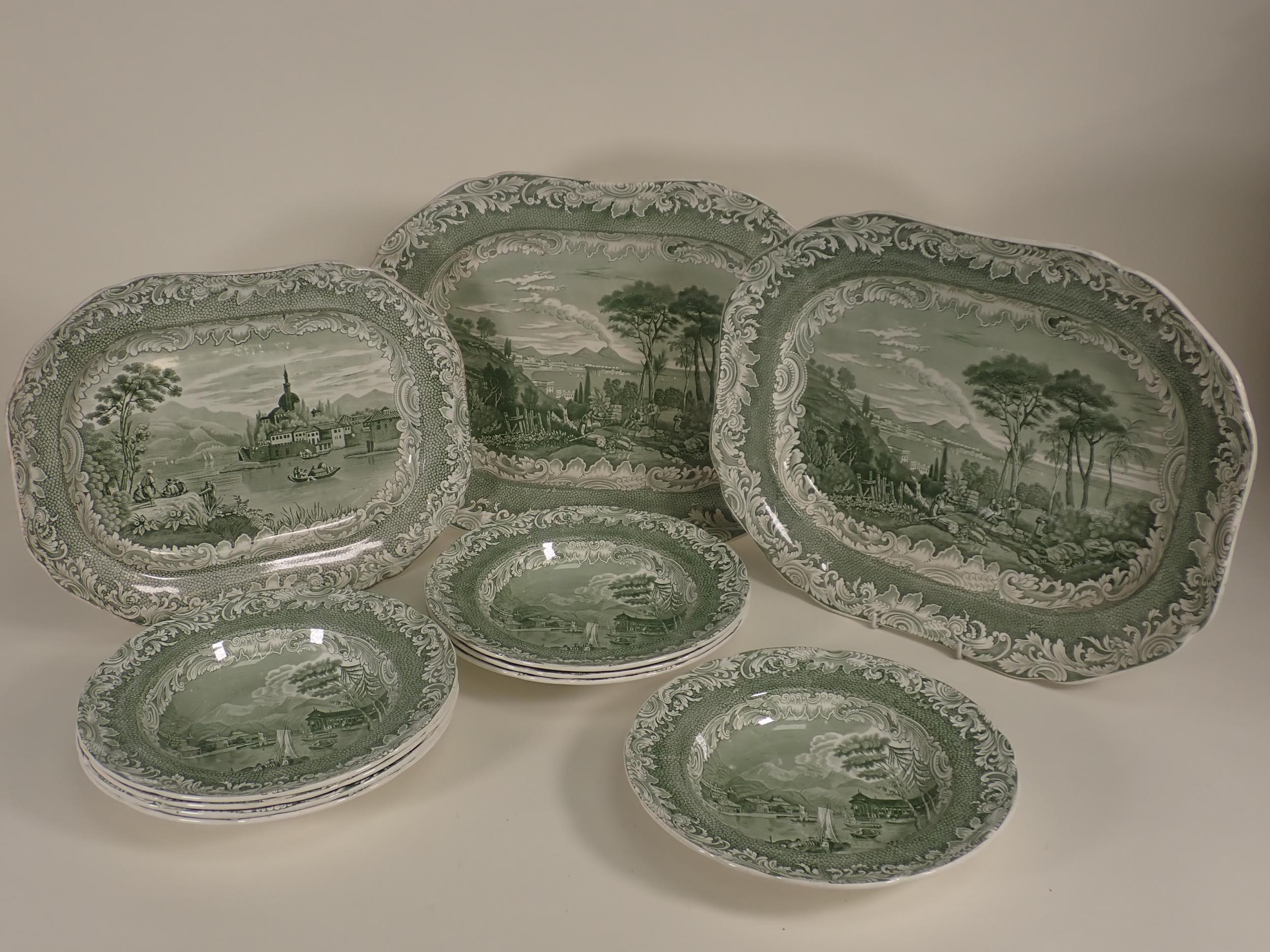 Eight Copeland and Garrett "Interlaken" pattern Soup Dishes, a pair of octagonal Meat Plates, 17in