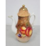 A small Royal Worcester Coffee Pot with domed lid and finial, painted still life of fruit, peaches