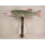 An antique carved and painted Fishing Shop Sign in the form of a Pike on wrought iron bracket 2ft