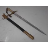 A First World War Naval Dirk by Gieves with clean etched blade in brass mounted leather Scabbard,