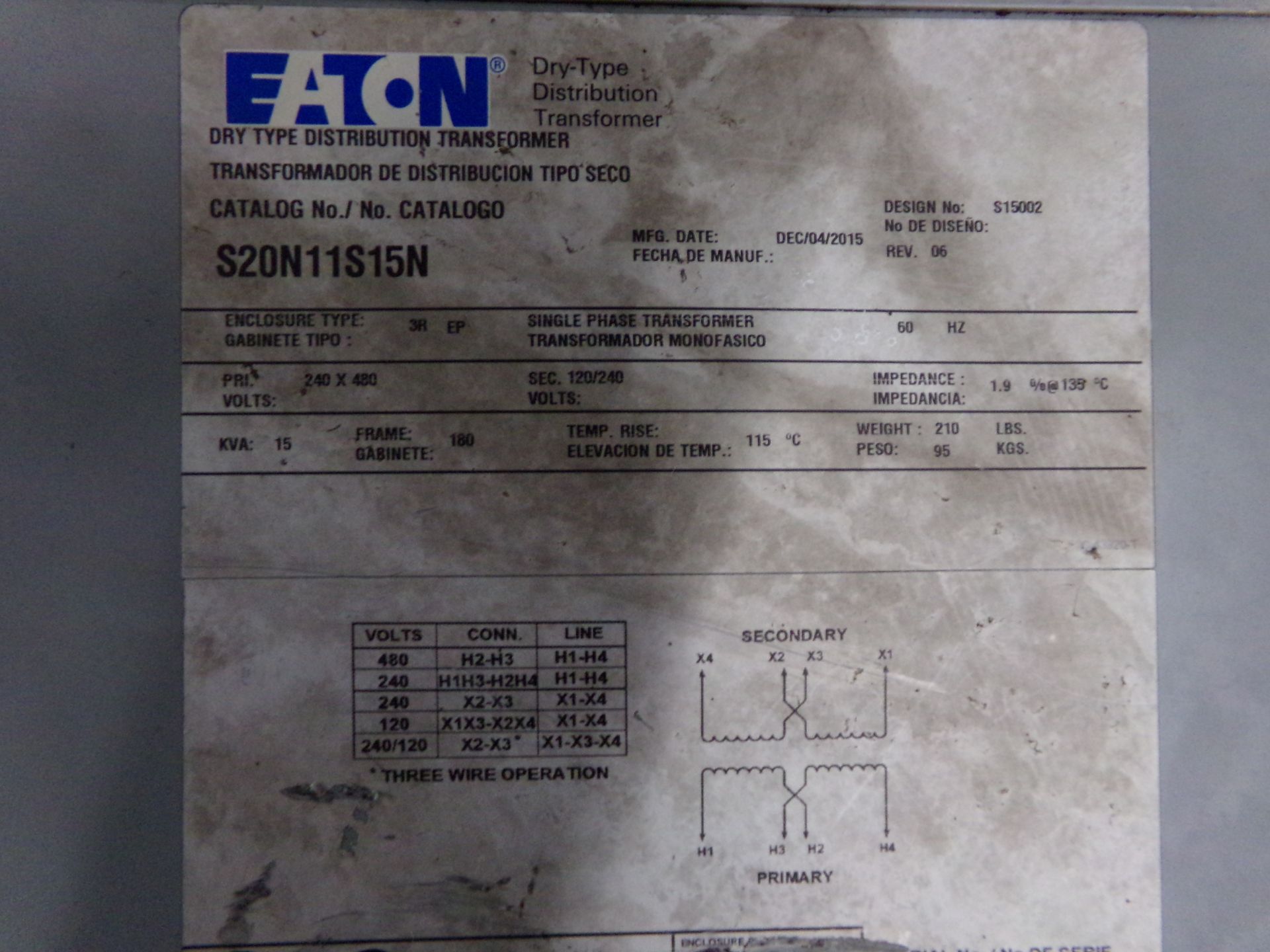 eaton transformer catalog number S20N11S15N 15kva 240-480v 60 hz - Image 4 of 7