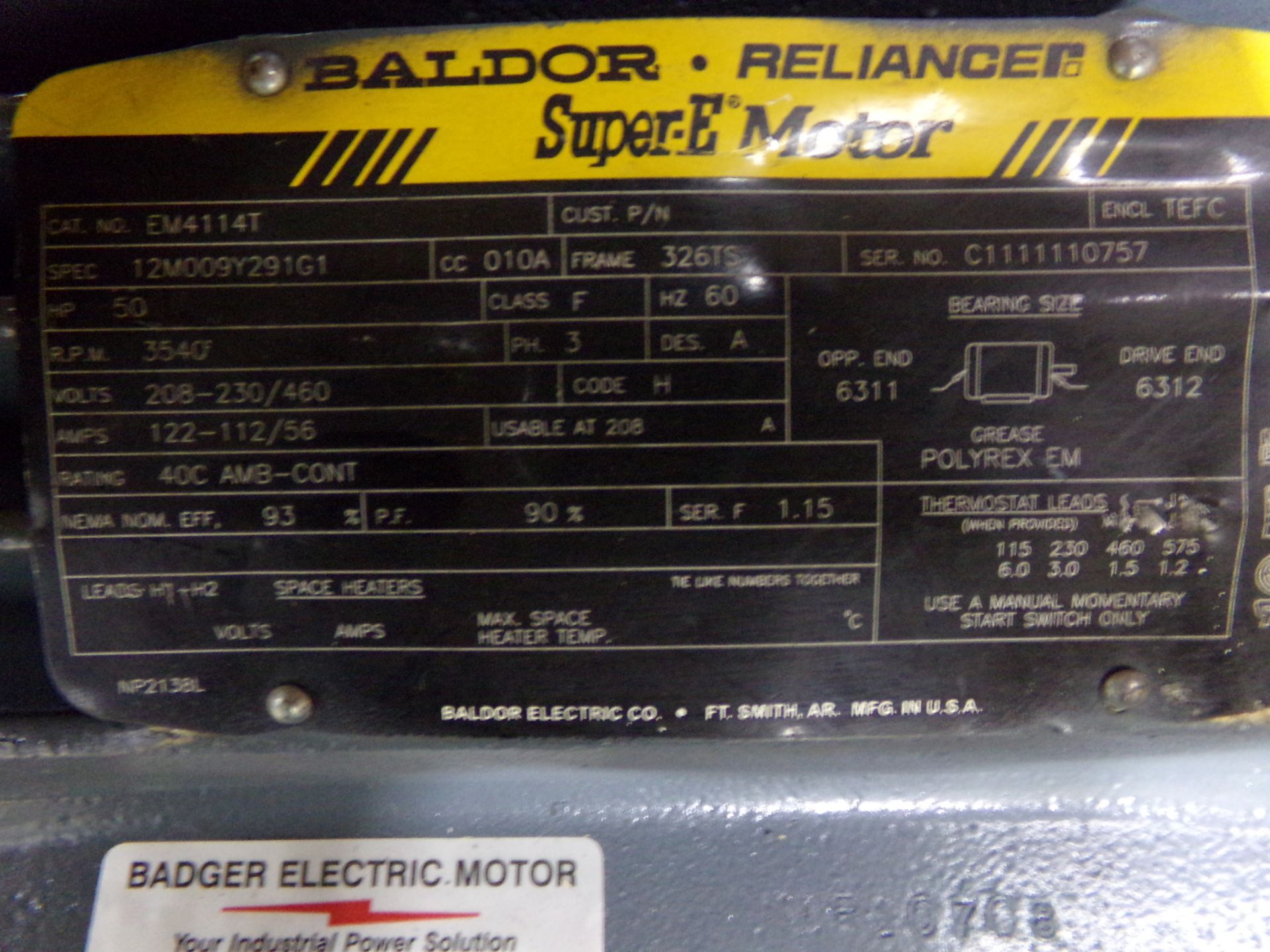 BALDOR ELECTRIC MOTOR SUPER E 50HP 326TS FRAME 3540 RPM 60HZ CLASS F CAT#EM4114T 1.875 SHAFT OD - Image 7 of 10