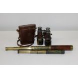 Two three draw telescopes ( one stamped Silberrad London) & pair of binoculars