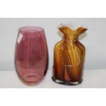 Two pieces of coloured art glass 27cm tall