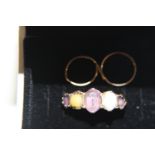 A 9ct gold & semi precious stone ring with a pair of gold earrings ring size M