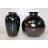 Two iridescent glass vases 17cm tall