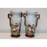 A large pair of late Victorian Equestrian related vases (one with old repair) 40cm tall