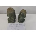 A pair of African carved heads in soapstone from Gweru in Zimbabwe. largest 21cm tall
