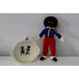 A vintage plush doll & ceramic dish warmer