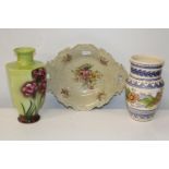 A large hand decorated bowl & two vintage vases
