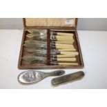 A set of silver mounted flatware & two hallmarked silver child's brushes. One stamped Asprey's of