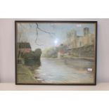 A framed water colour of Durham Cathedral signed David Hall. 60cm x 76cm collection only