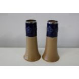 Pair of early Royal Doulton stoneware cobalt blue and hallmarked silver topped vases h20cm