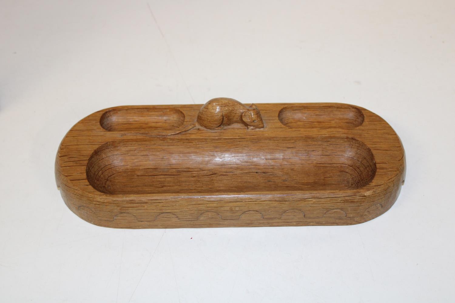 An unusual & rare Robert 'Mouseman' Thompson of Kilburn pen tray/desk tidy with carved mouse to top.