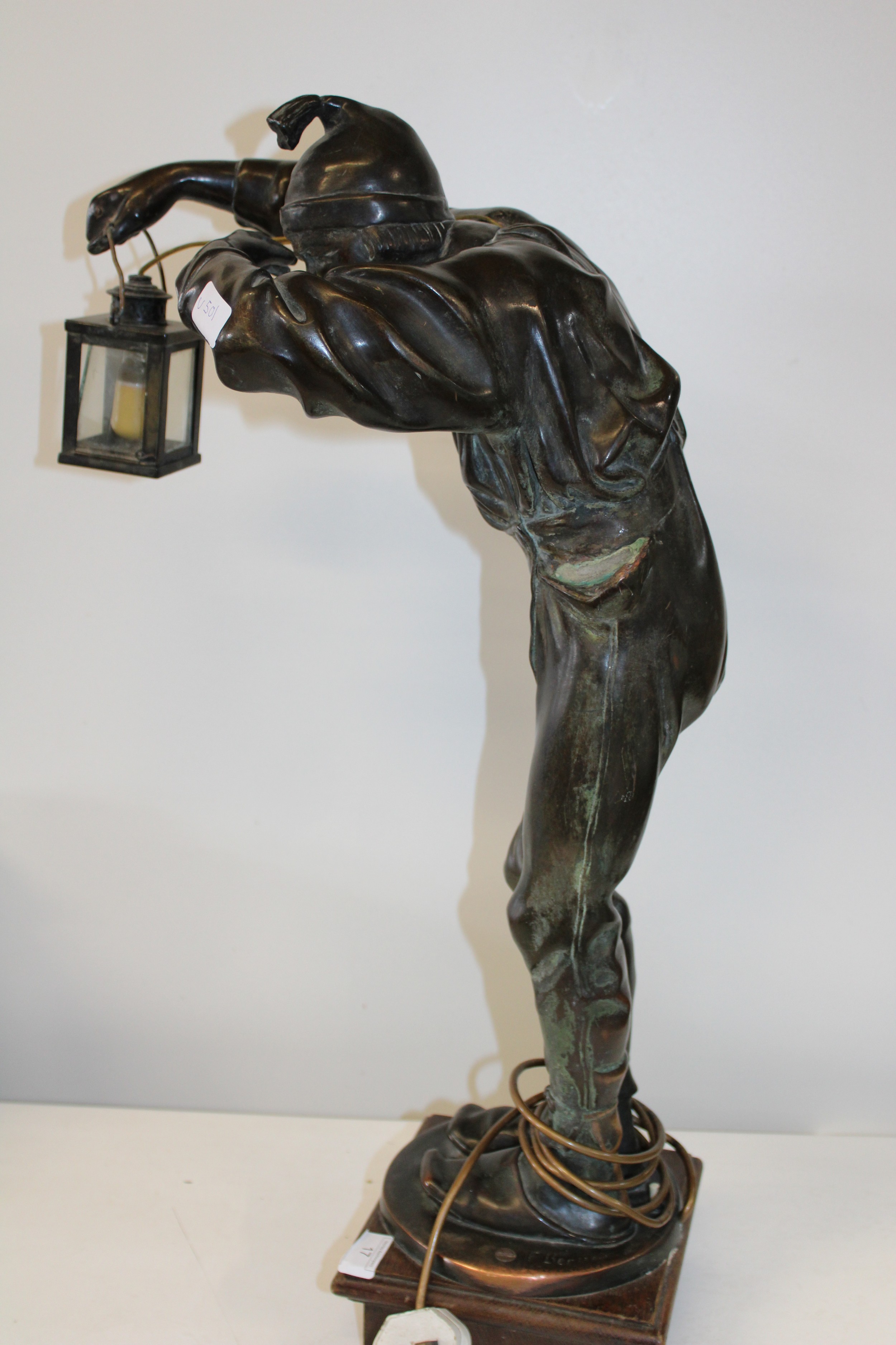 A large vintage hollow cast bronze figure in the form of a table lamp with signature to base 70cm - Image 3 of 5