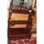A vintage mahogany shelving unit with draw to base 112cm x 70cm x 40cm collection only