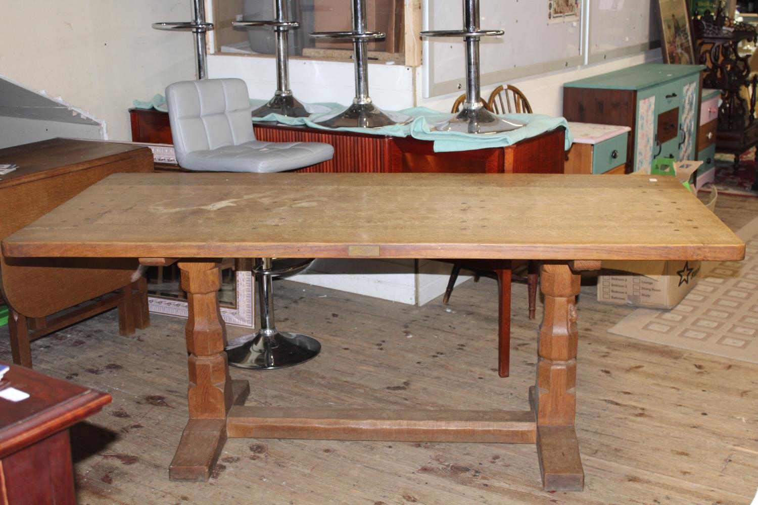 A quality Robert 'Mouseman' Thompson light oak adzed refectory dining table from the 1960's. 72