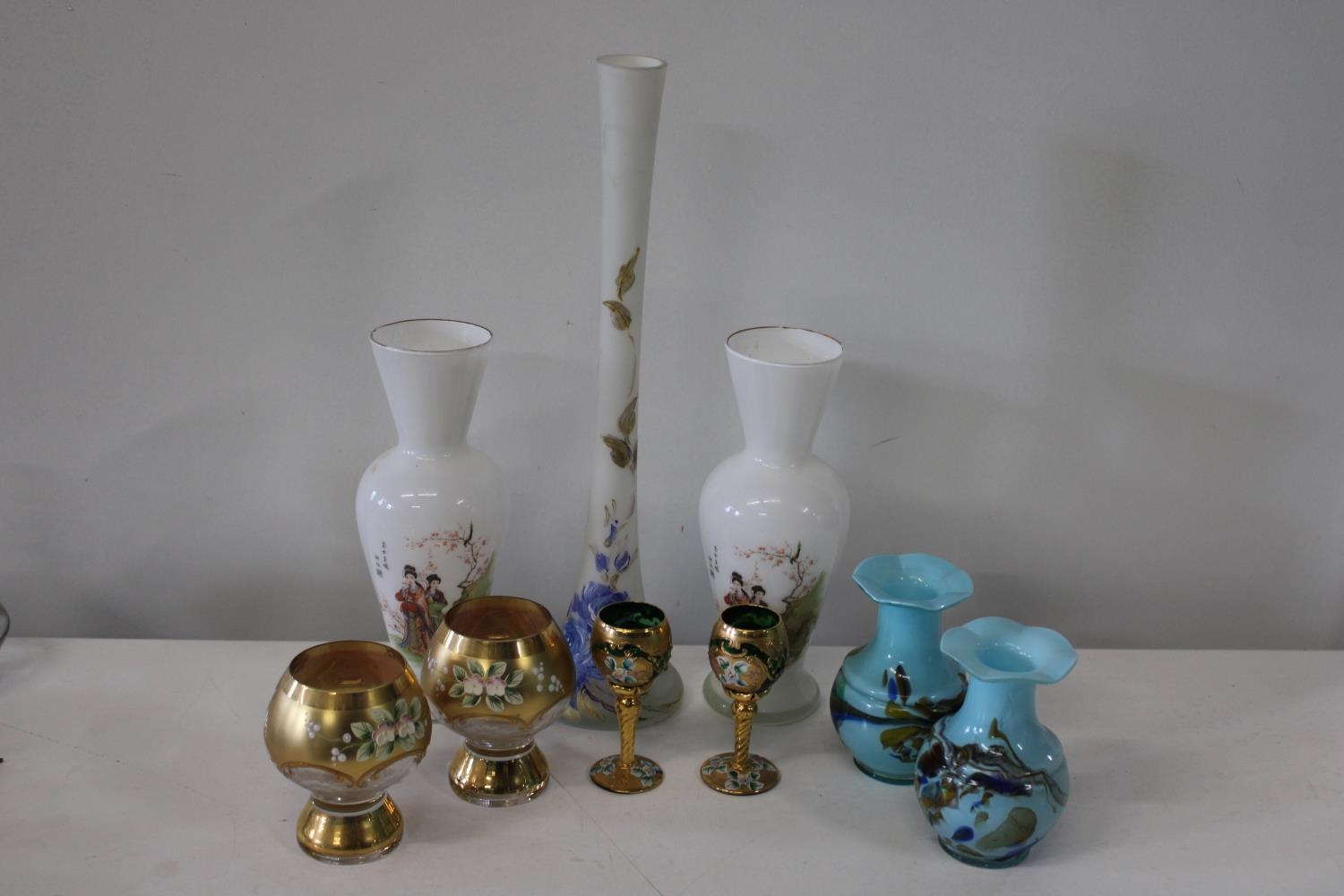 A selection of vintage coloured glass etc - tallest 40.5cm