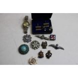 A selection of vintage badges & costume jewellery etc