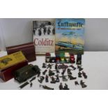 A box of vintage toy soldiers & die-cast etc