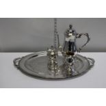 A quality silver plated tray, coffee pot, sugar bowl & cream jug