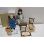 A selection of vintage teddies & dolls & miniature furniture