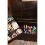 A vintage wooden sewing box & contents