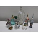 A selection of vintage glass perfume bottles & a Mary Gregory vase A/F