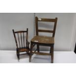 A child's wooden chair & miniature wooden rocking chair