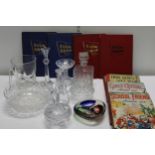 A selection of vintage glass ware & books etc