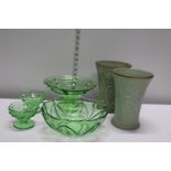 A selection of green glass ware & two Denby vases