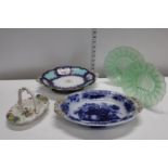 A selection of assorted ceramics, Dresden, flow blue, and green glass ware