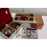 A selection of costume jewellery, jewellery box & contents