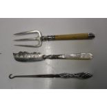 A hallmarked silver bladed butter knife & hallmarked silver handled butter hook plus silver topped