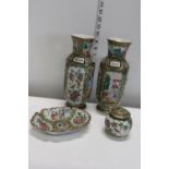 A selection of Chinese Famille Vert porcelain (lidded pot has some damage)