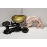 A set of vintage scales & weights & a fish jelly mould