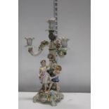 A German Sitzendorf porcelain figural group candelabra a/f