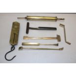 A collection of vintage brass tools & scales etc