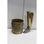 A brass coal bucket & Brass stick stand in the form of a boot